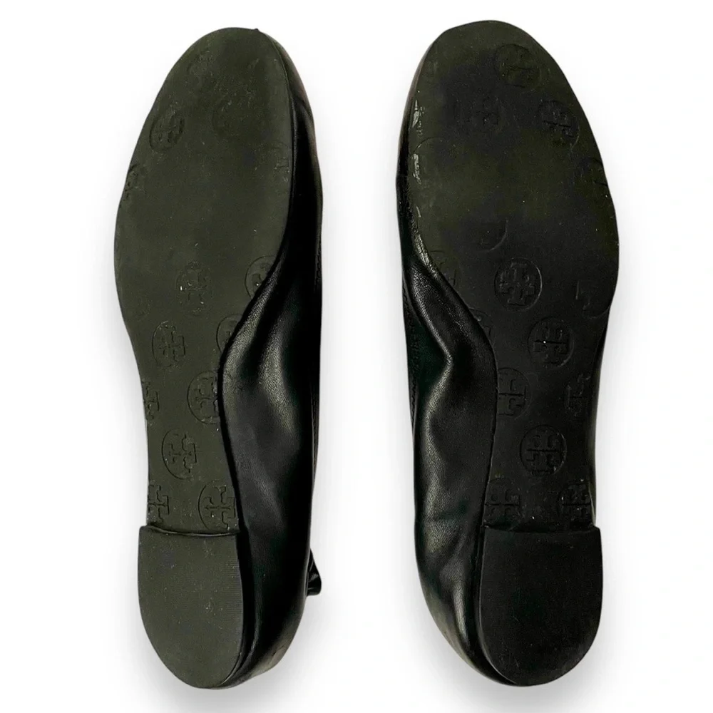 Tory Burch Reva Black Leather Ballet Flats Gold Logo Size 7.5